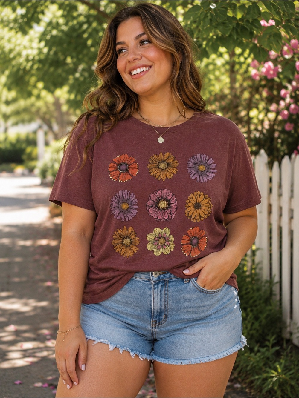 Boho Floral Graphic Tee Burgundy Relaxed Fit Soft Casual Cottagecore Casual Top